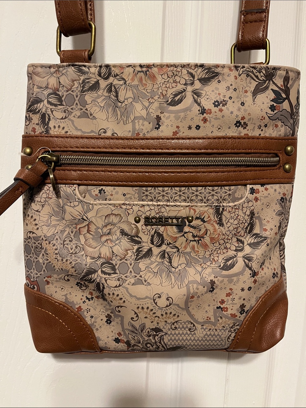 Rosetti Beige Floral Crossbody with Brown Trim